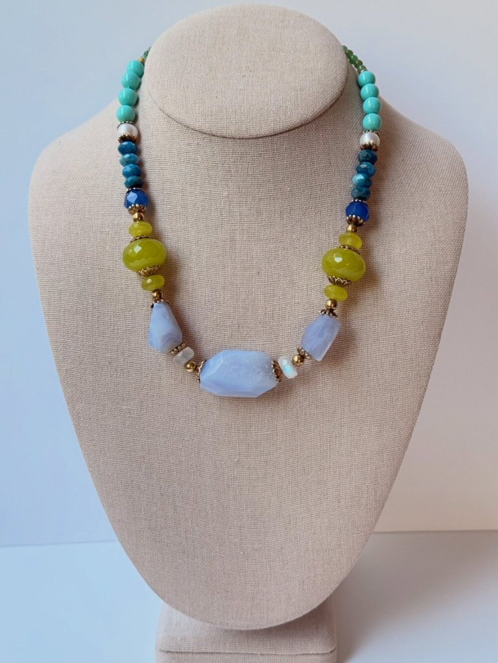 Blue Lace Agate Coastal Statement Necklace Boho Ocean Gemstone Jewelry